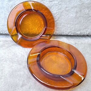 Vintage Amber Glass Ashtray Set of 2 Mid Century Round Cigarette Rest Retro